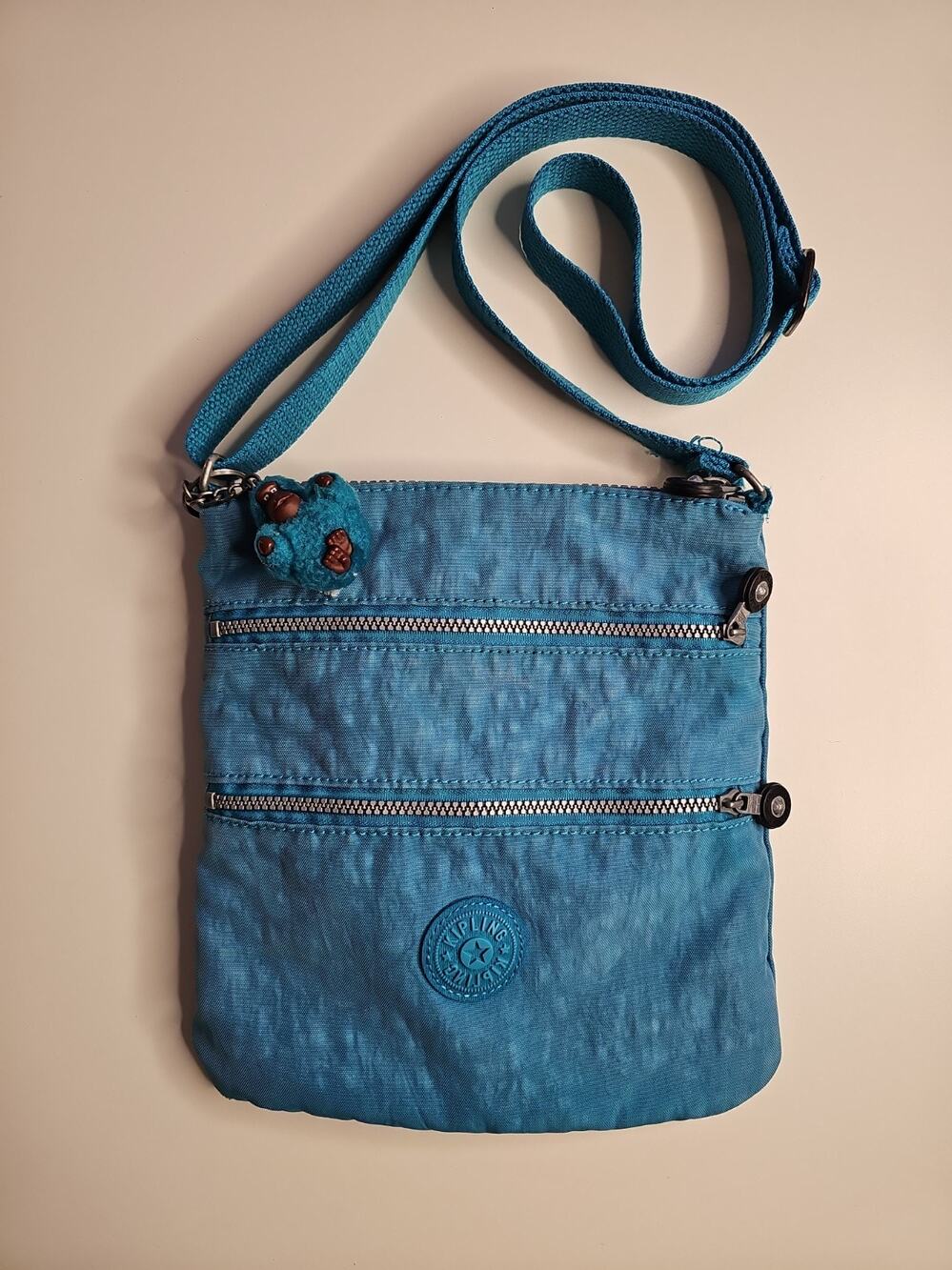 Vintage Y2K Kipling Keiko Teal Nylon Crossbody Bag Monkey Charm Multi Zip